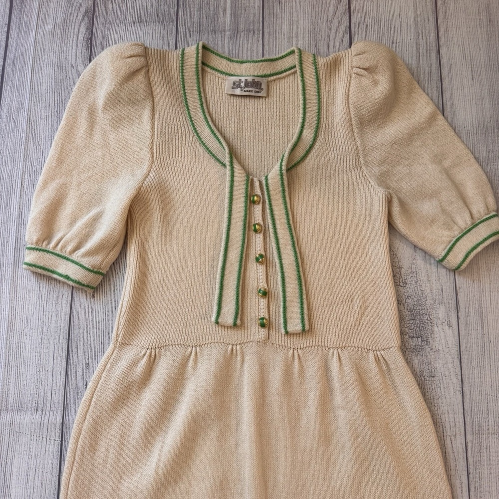 St John Santana Knit Vintage Midi Dress Cream Green Gold Button Puff Sleeve S - Picture 3 of 11